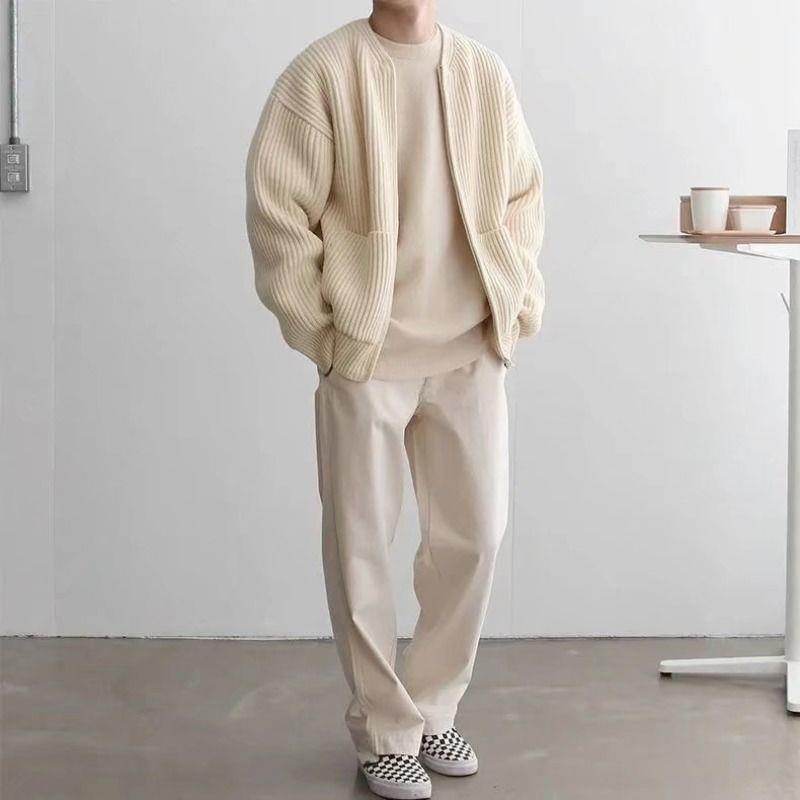 Men Zip Up Knitted Cardigan Lined Funnel Neck Jumper Sweater Pockets Coat All Seasons Comfortable Soft Long Sleeve - Velora