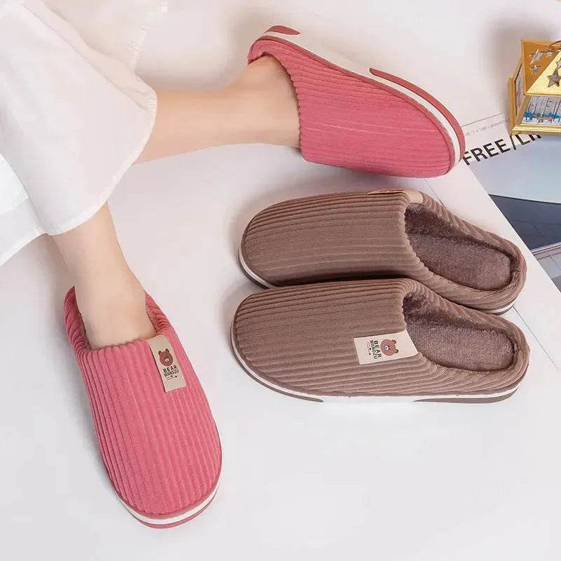 Solid Color Striped Slippers For Women Thick-soled Anti-slip Indoor Warm Plush Home Shoes Couple Women Men Slipper Winter - Velora