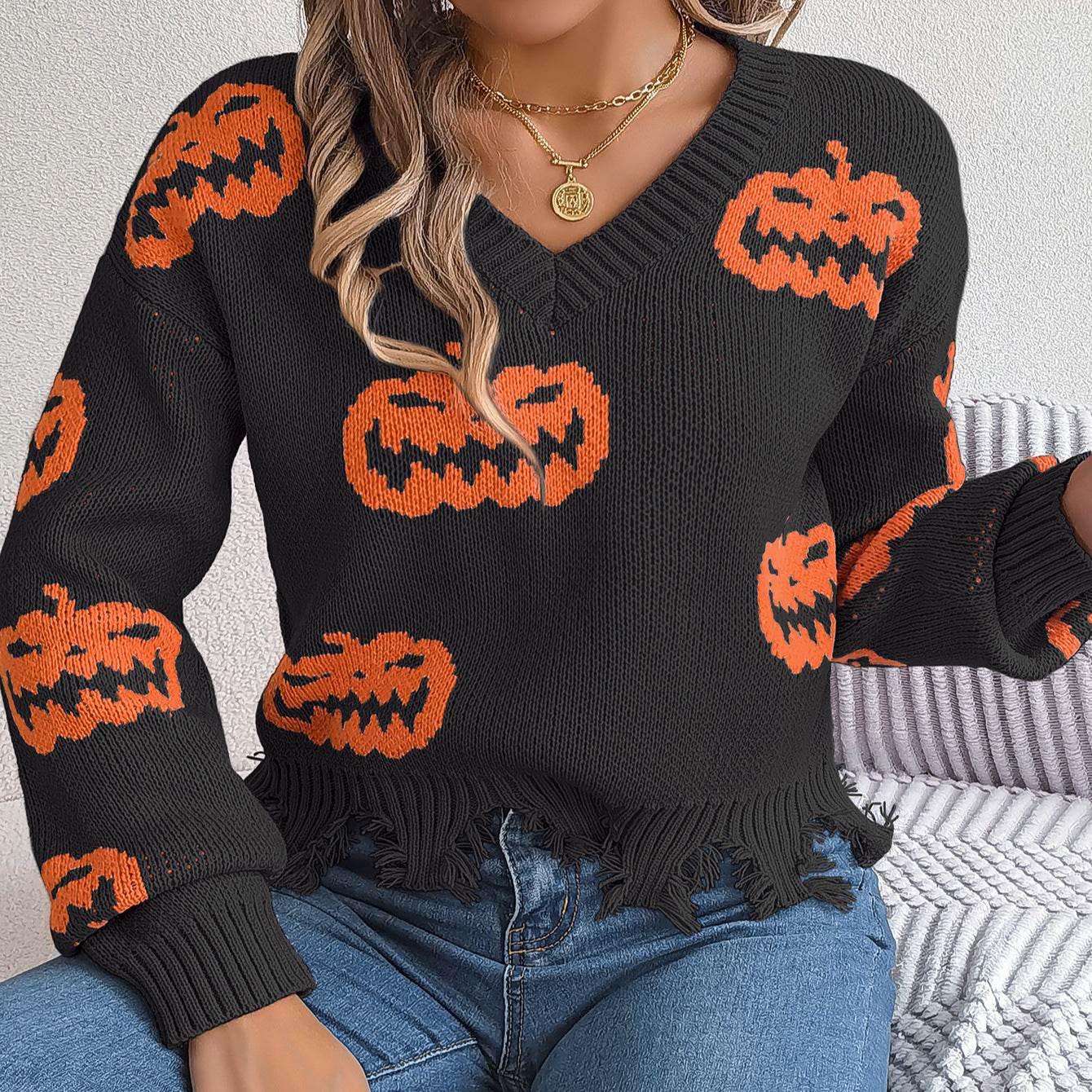 Halloween Contrast Color Pumpkin Cut Long Sleeve Sweater - Velora