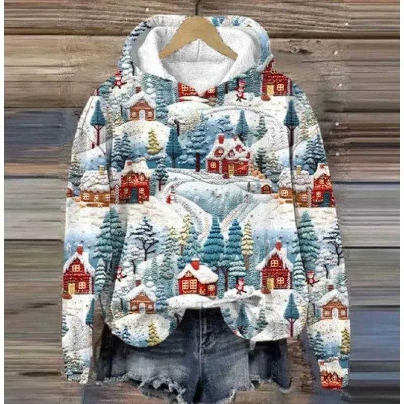 Print Christmas Holiday Casual Hoodie Sweater Pullover - Velora