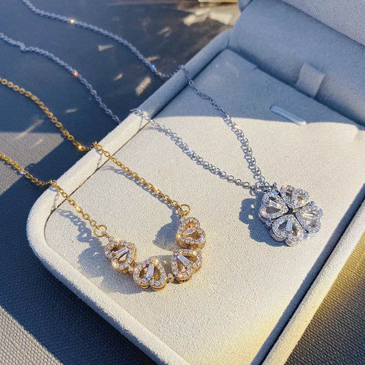 Retro Magnetic Folding Heart Shaped Four Leaf Clover Pendant Necklace Women Love Clavicle Chain Gifts Openable Choker Jewelry - Velora