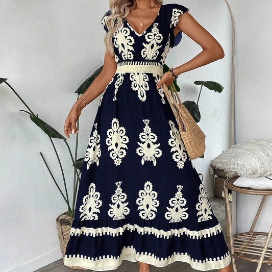 Trim Cap Sleeve Cinched Waist Ruffle Hem A-Line Dress - Velora