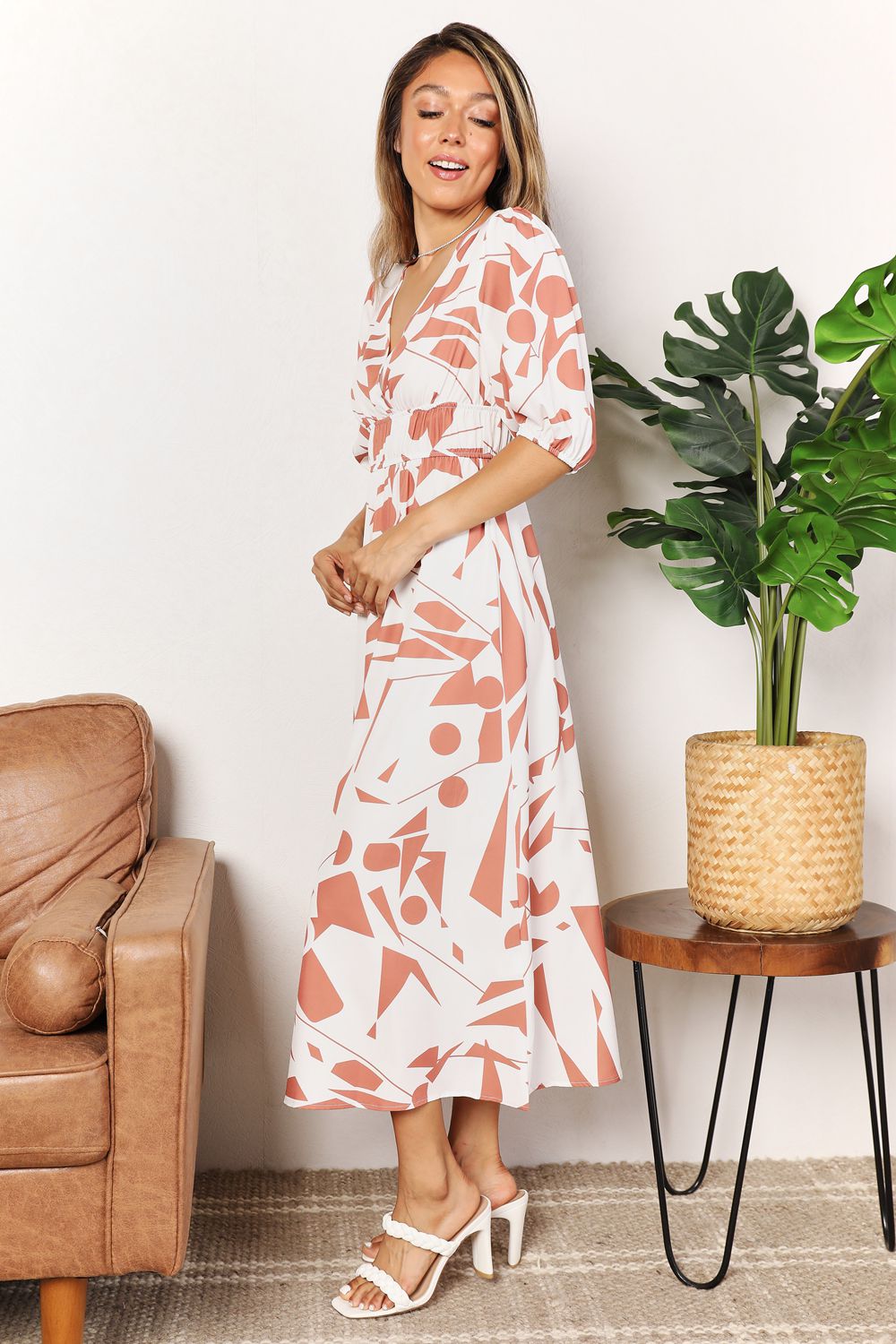 Printed Surplice Balloon Sleeve Dress - Velora