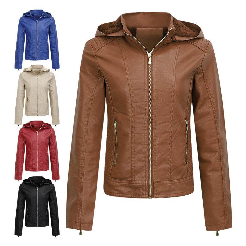 Plush Thickened Hooded Coat Winter Fashion Slim Zipper Leather Jacket With Pockets Long Sleeve Outwear Tops For Womens Clothing - Velora