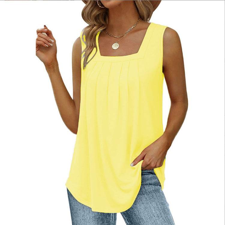 Summer cotton Tops For Women Loose Fit Pleated Square Neck Sleeveless Blouse Tops - Velora