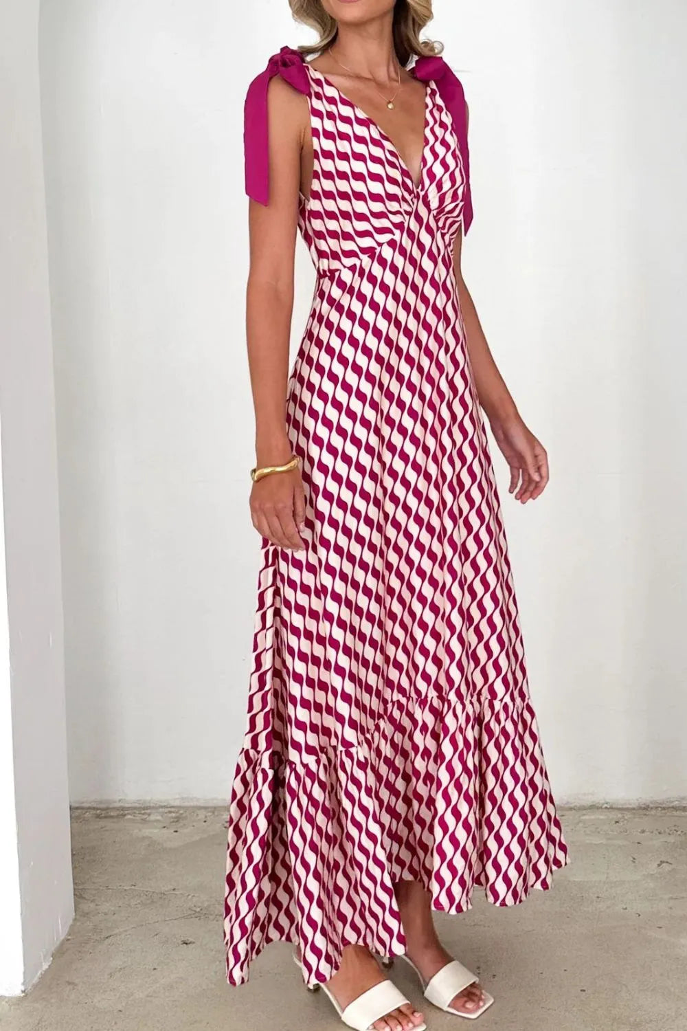 Printed V-Neck Tie Shoulder Midi Cami Dress - Velora