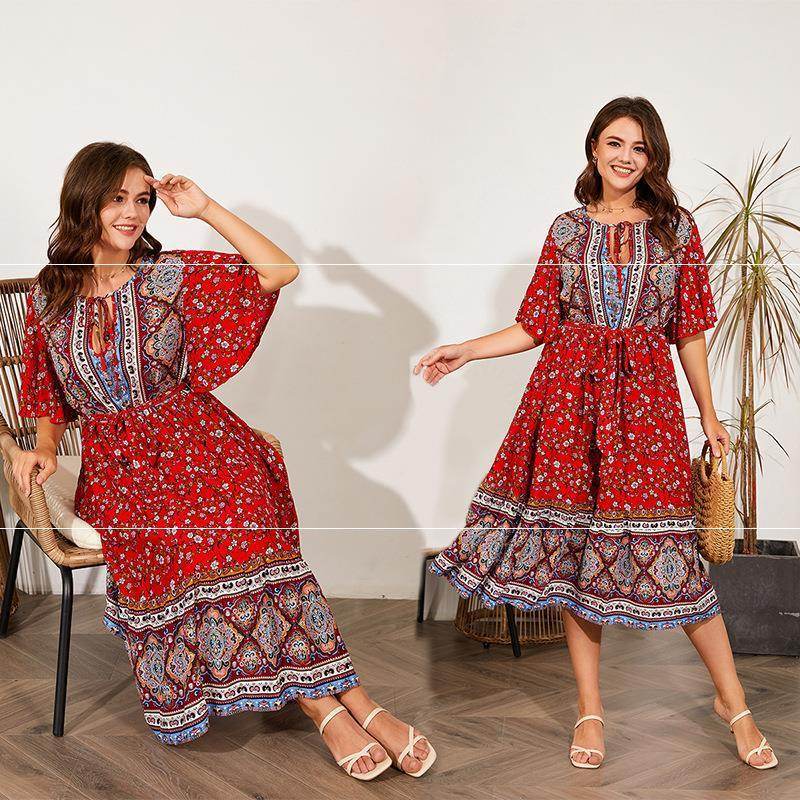 Modest Plus Size Summer dress V Neck Midi Beach boho Dress - Velora