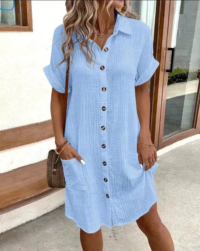 Womens Button Down Shirt Dress Summer Cotton Linen Dress V-Neck Mini Dress Casual Short Sleeve Loose Tunic Dresses - Velora