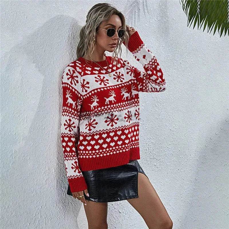 Elk Autumn And Winter New Knitted Round Neck Women's Christmas Snowflake Pullover Women's Sweater - Velora