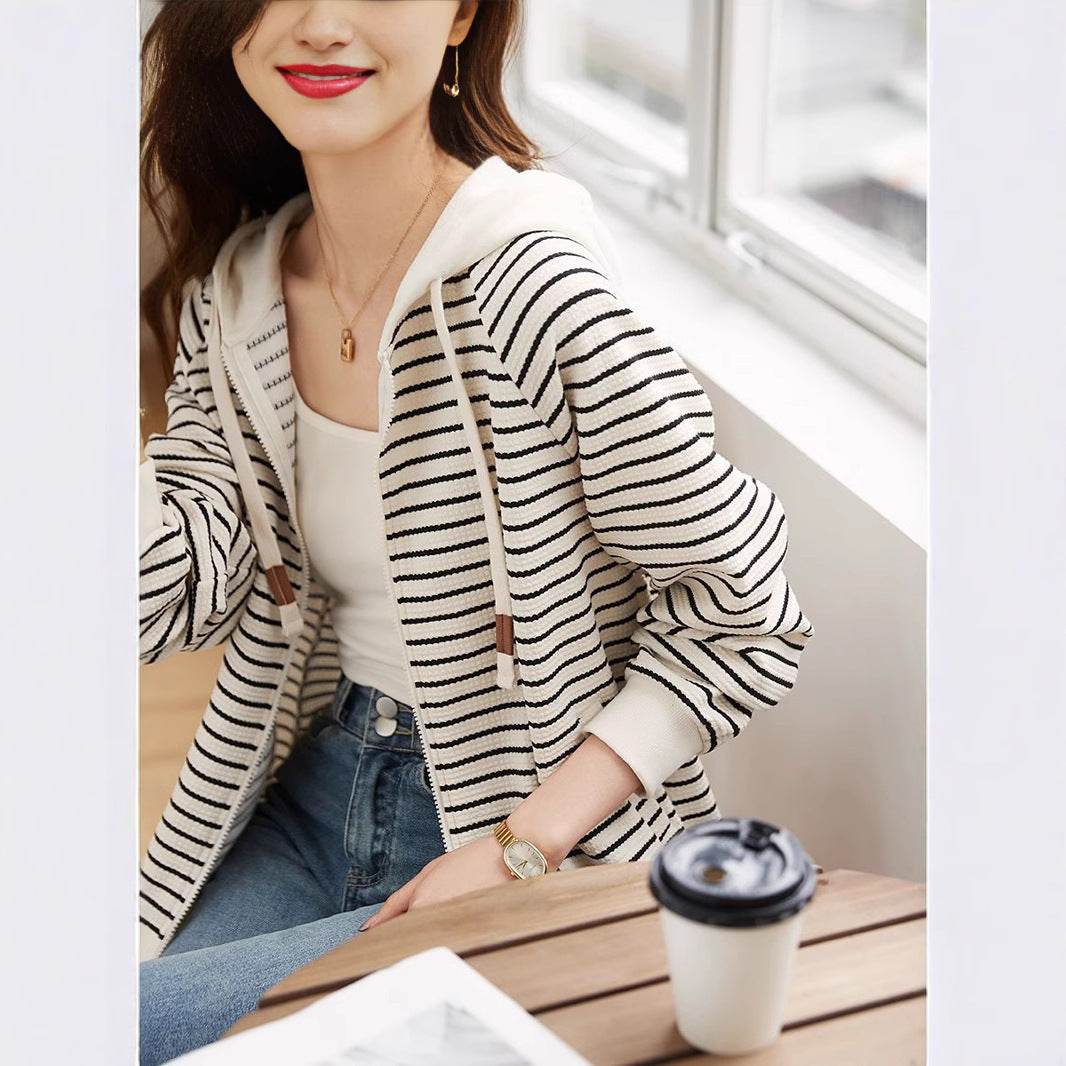 Simple Striped Commuter Hoodie Coat - Velora