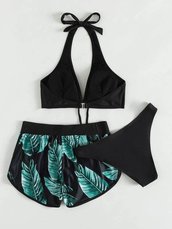 3pcs Leaf Print Bikini With Shorts Fashion Summer Beach Swimsuit Womens Clothing - Velora