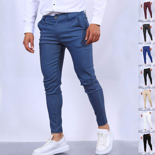 Men's Slim Button Trousers Fashion Solid Office Versatile Long Pencil Pants - Velora