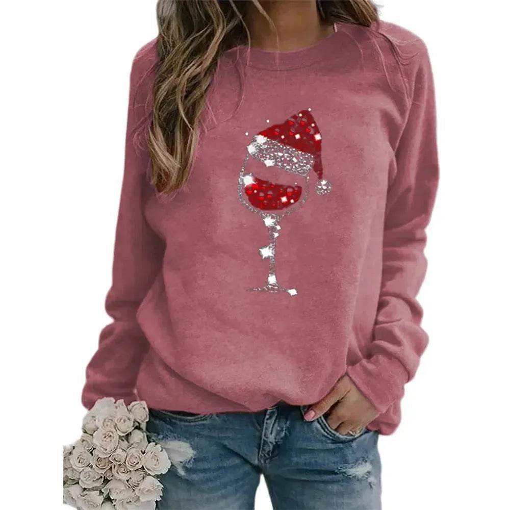 Clothing Christmas Women's Sweater Christmas Hat Red Wine Glass Graphic Print Crew Neck Long-sleeved Sweater - Velora
