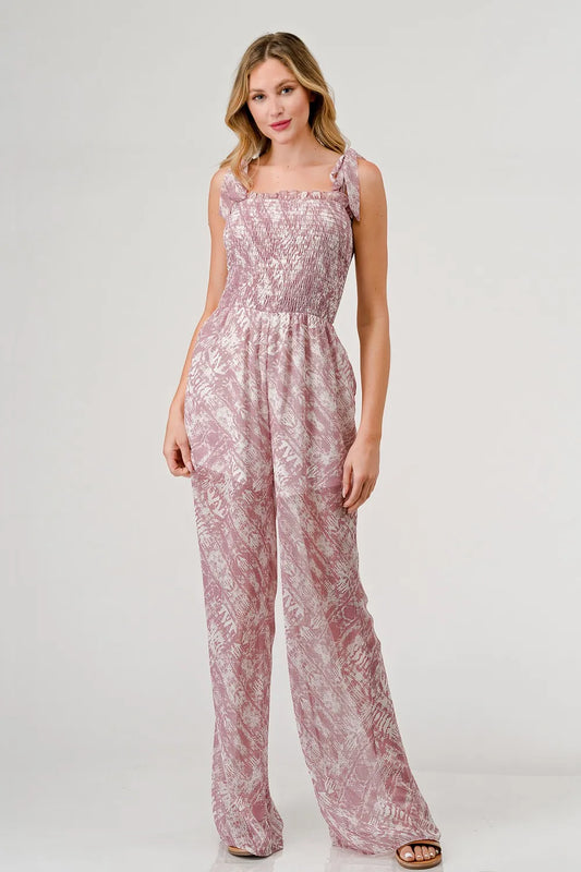 GeeGee Printed Tie Shoulder Wide Leg Jumpsuit - Velora