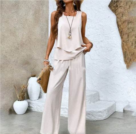 Print Suits Sleeveless Double-layer Vest And Loose Straight Pants Womens Clothing - Velora