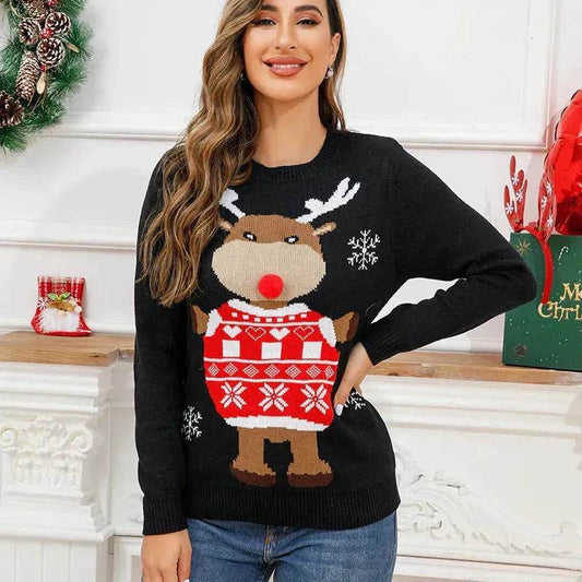 Funny Deer Christmas Sweater Round Neck Pullover Women - Velora