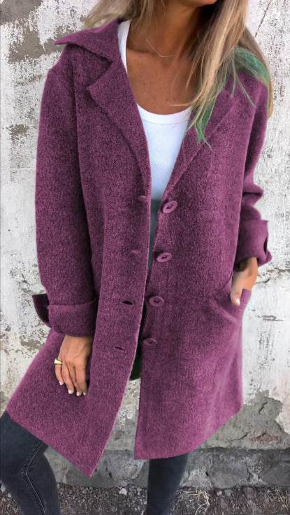 Lapel Single Breasted Cardigan With Pockets Fashion Color Solid Mid-Length Outwear Coat Womens Clothing - Velora