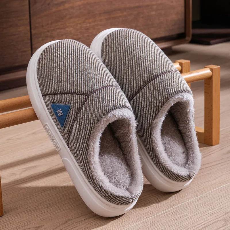 Solid Striped Home Slippers Winter Warm Fleece Shoes Men Indoor Bedroom Floor Plush Slippers For Women Couple - Velora