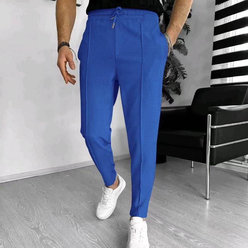 Men's Casual Fashion Waffle High Waist Drawstring Elastic fitted straight leg Pant - Velora