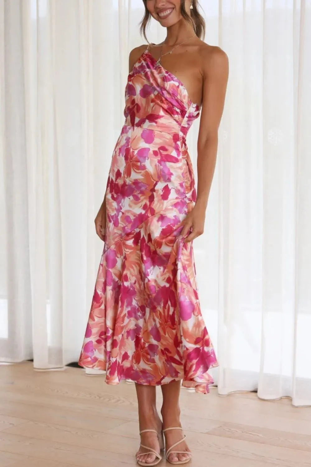 Ruched Printed Single Shoulder Midi Dress - Velora