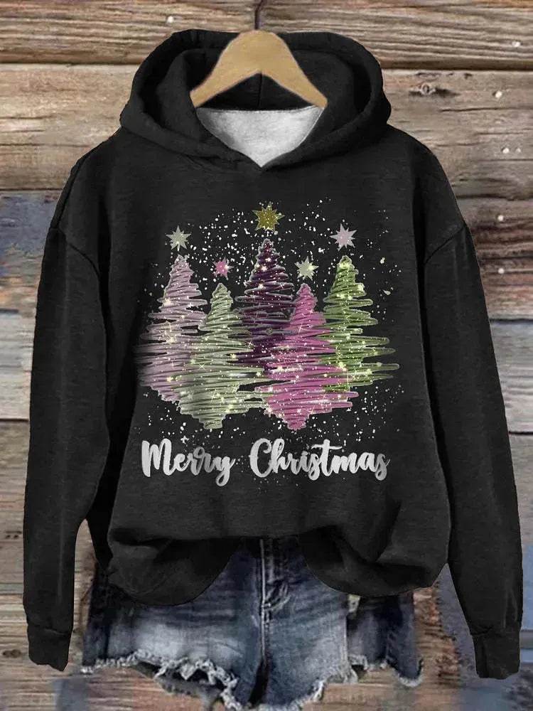 Round Neck Hooded Long Sleeve Four Christmas Trees Loose Hoodie Sweatshirt - Velora
