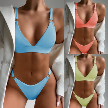 2pcs Bikini Solid Color Small Circle Swimsuit Triangle Swimsuit - Velora Luxury Fashion