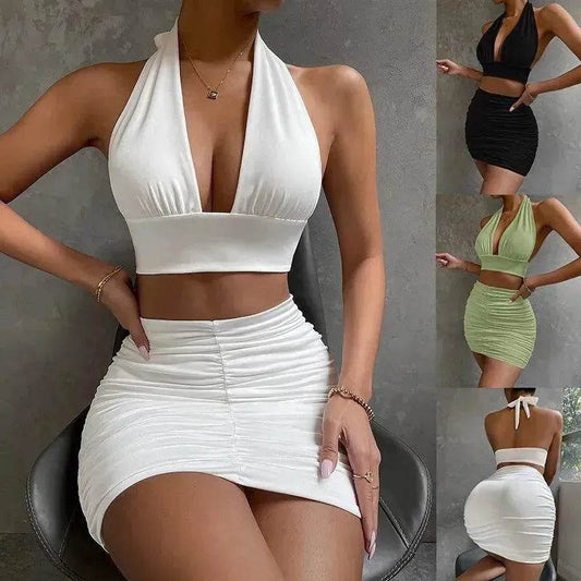 2pcs Dress Suits For Women Halter Lace-up Hip Top And Pleated Hip-covering Skirt - Velora