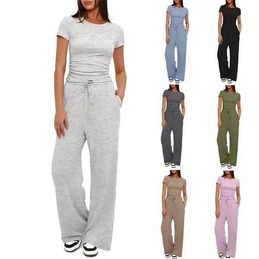 2pcs Solid Color Casual Sports Suit Short-sleeved Top And High-waisted Drawstring Wide-leg Pants Summer Fashion Set For Womens Clothing - Velora