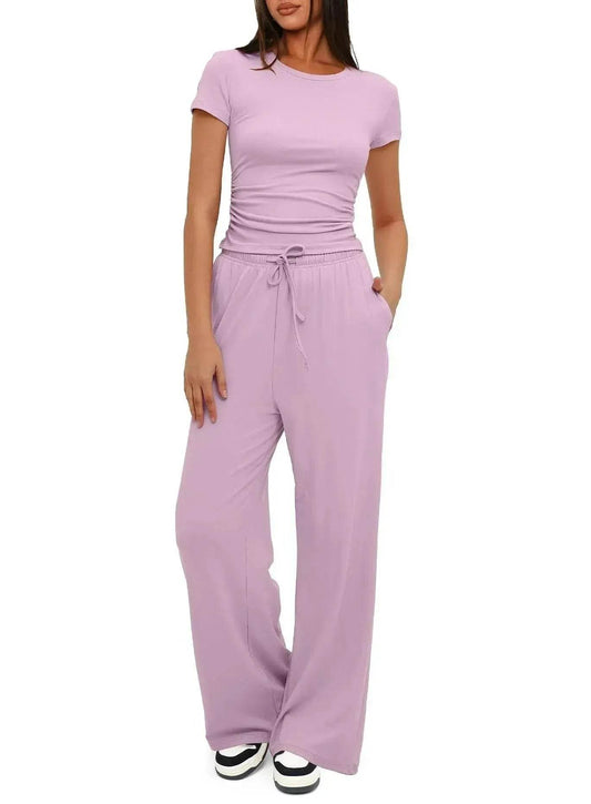 2pcs Solid Color Casual Sports Suit Short-sleeved Top And High-waisted Drawstring Wide-leg Pants Summer Fashion Set For Womens Clothing - Velora