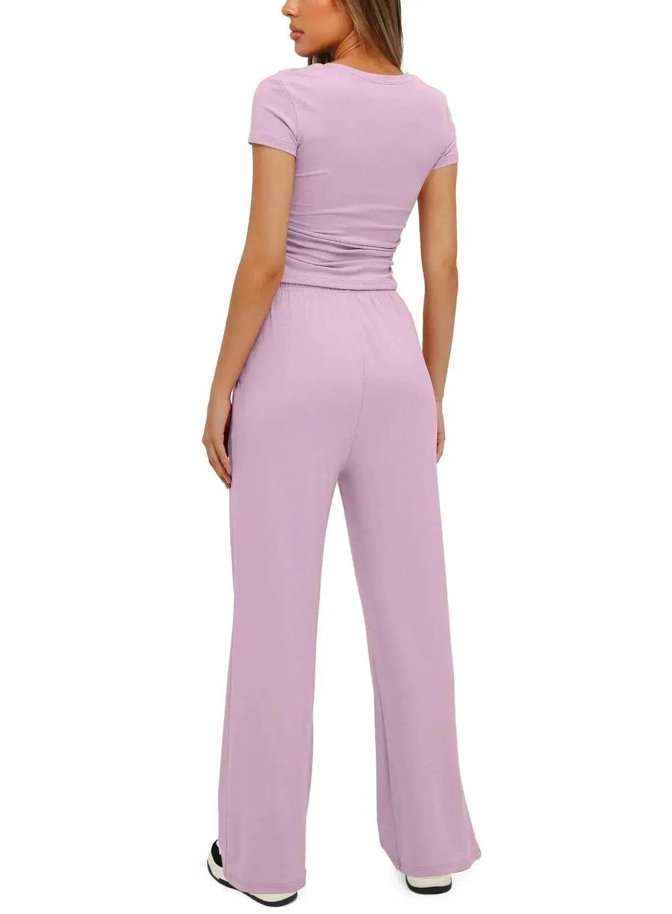 2pcs Solid Color Casual Sports Suit Short-sleeved Top And High-waisted Drawstring Wide-leg Pants Summer Fashion Set For Womens Clothing - Velora