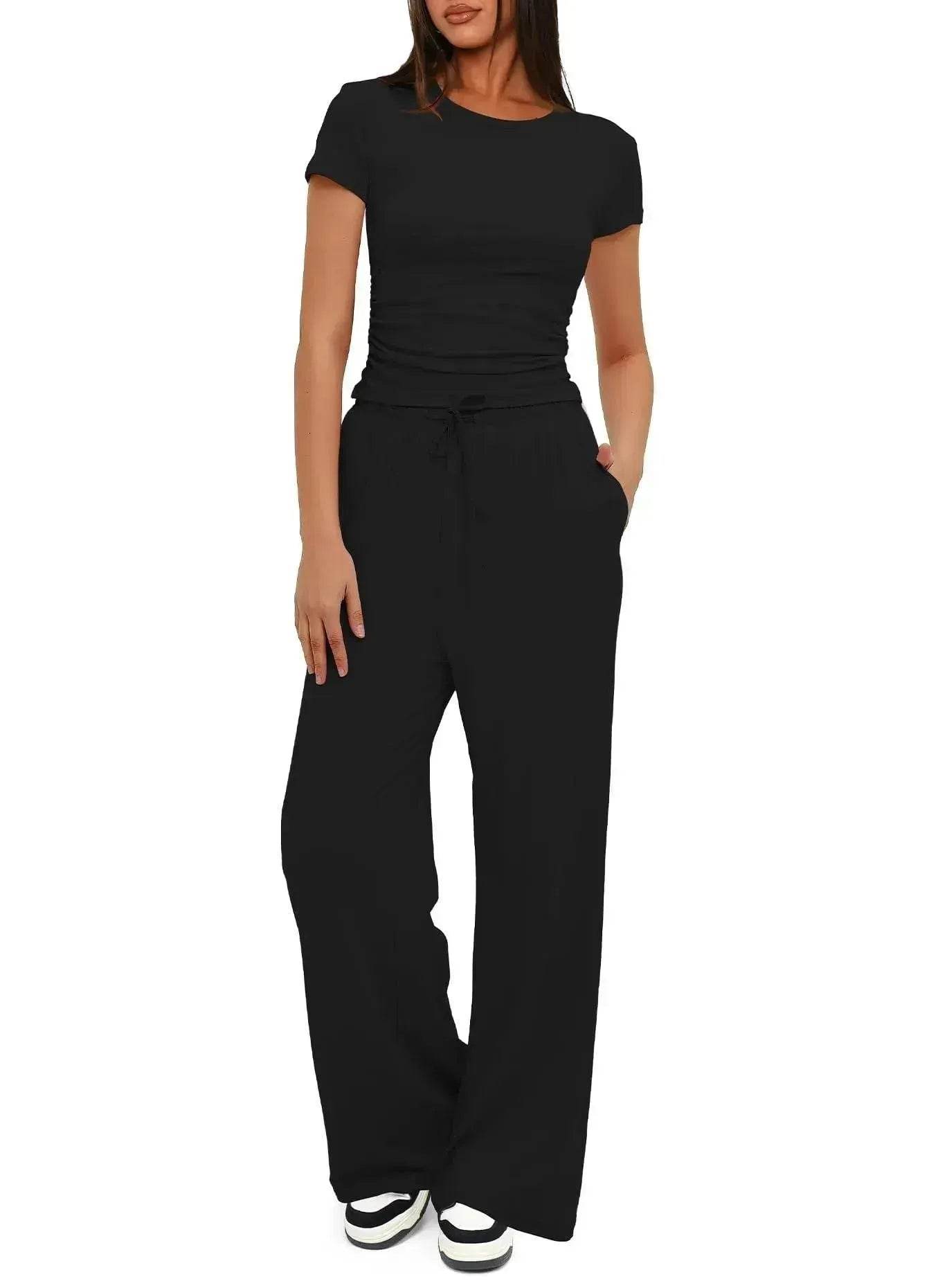 2pcs Solid Color Casual Sports Suit Short-sleeved Top And High-waisted Drawstring Wide-leg Pants Summer Fashion Set For Womens Clothing - Velora
