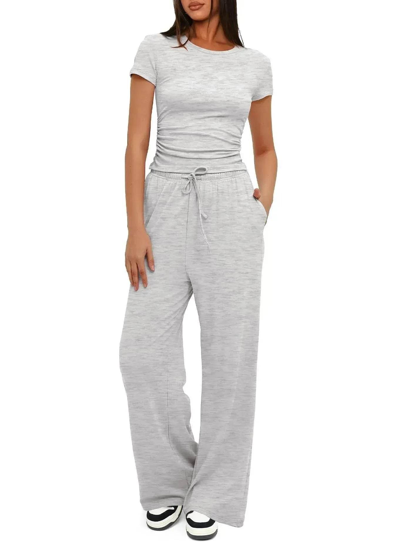 2pcs Solid Color Casual Sports Suit Short-sleeved Top And High-waisted Drawstring Wide-leg Pants Summer Fashion Set For Womens Clothing - Velora