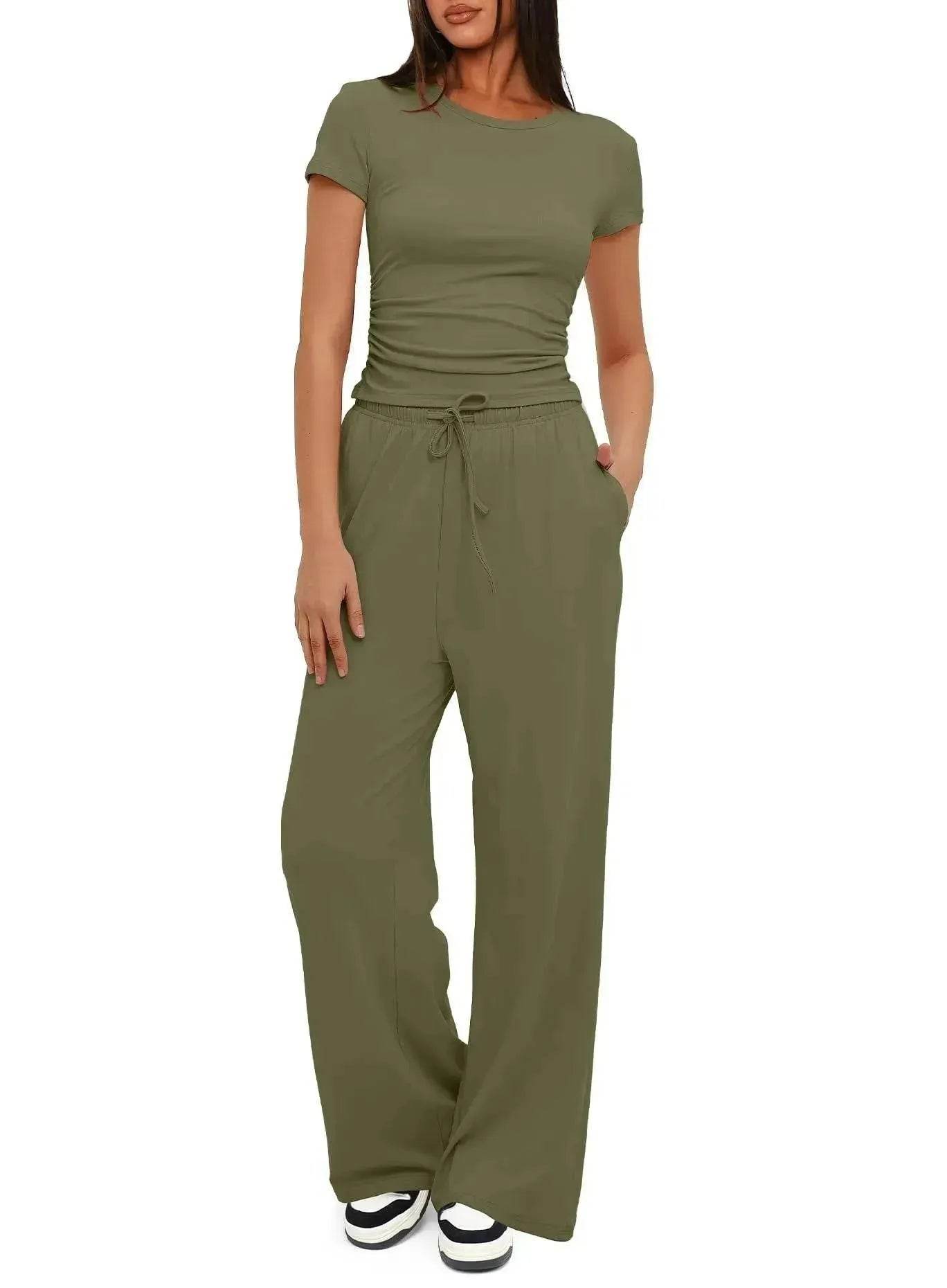 2pcs Solid Color Casual Sports Suit Short-sleeved Top And High-waisted Drawstring Wide-leg Pants Summer Fashion Set For Womens Clothing - Velora