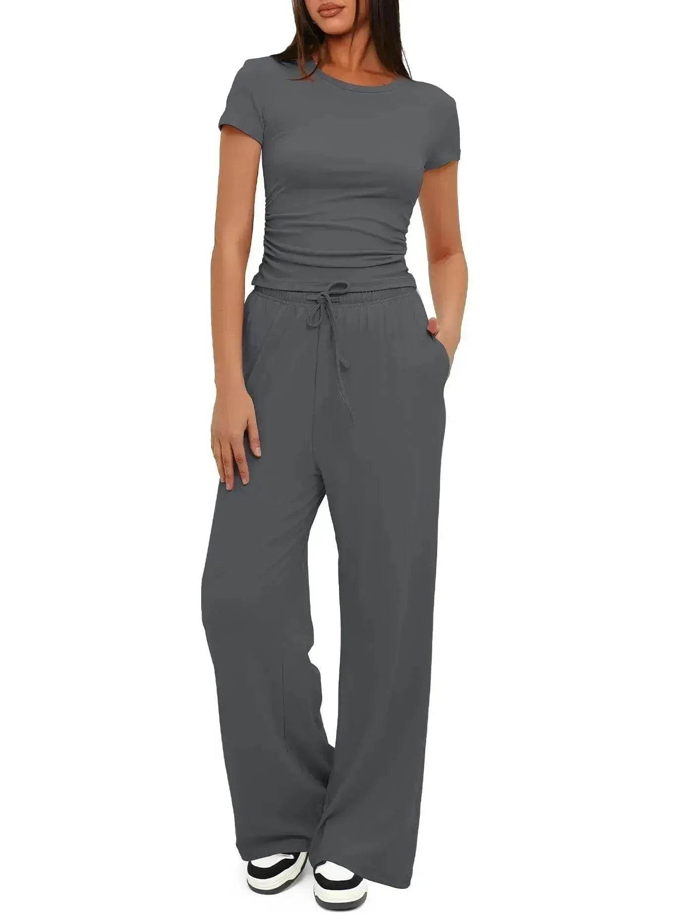 2pcs Solid Color Casual Sports Suit Short-sleeved Top And High-waisted Drawstring Wide-leg Pants Summer Fashion Set For Womens Clothing - Velora