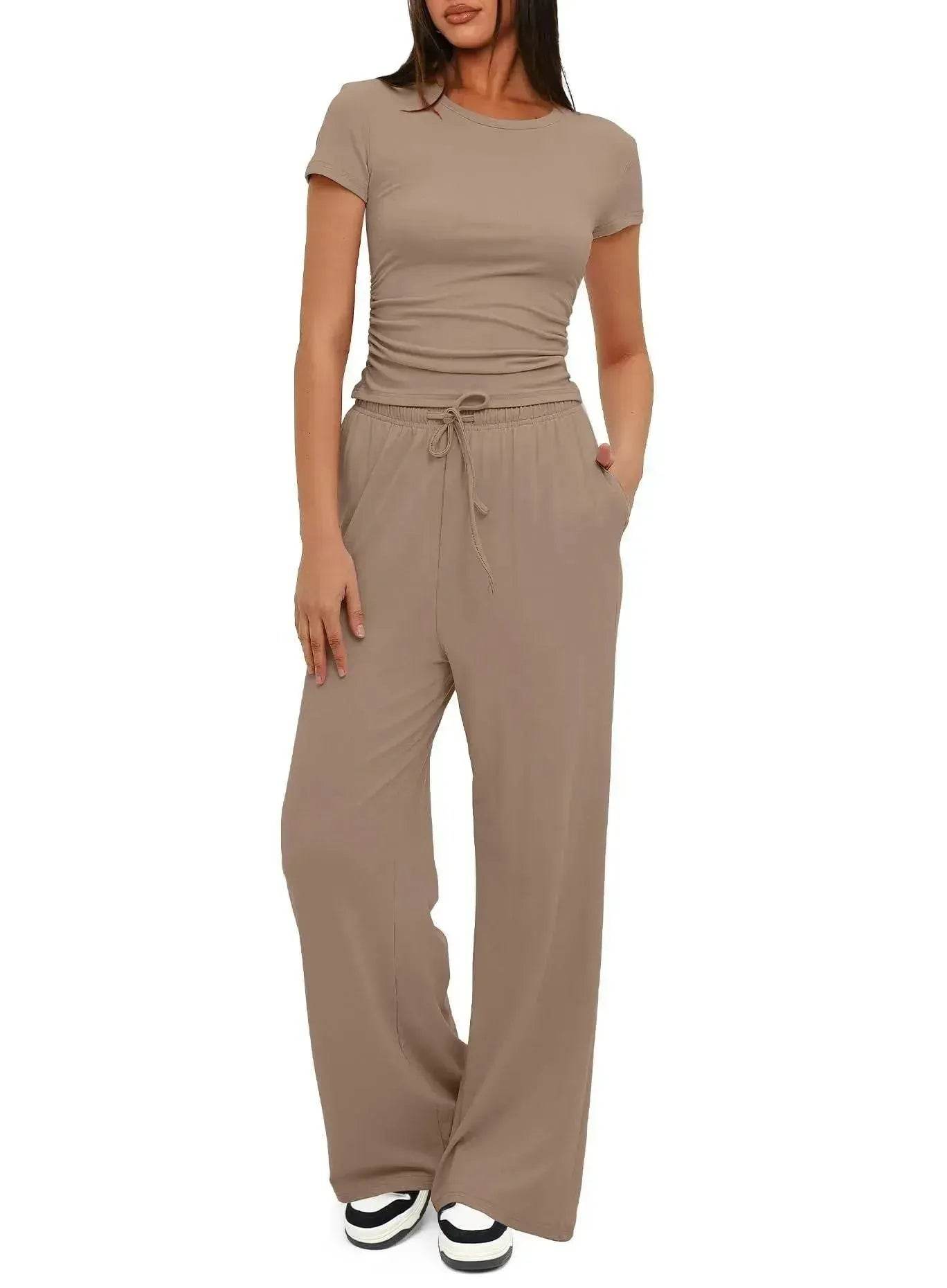 2pcs Solid Color Casual Sports Suit Short-sleeved Top And High-waisted Drawstring Wide-leg Pants Summer Fashion Set For Womens Clothing - Velora