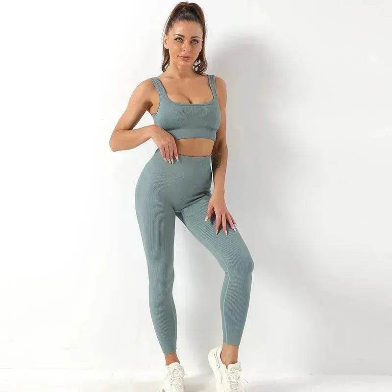 2pcs Thread Yoga Suit Seamless Bra And Butt Lifting High Waist Leggings Set For Women Sports Fitness Yoga Pants Sportswear Outfits Clothing - Velora