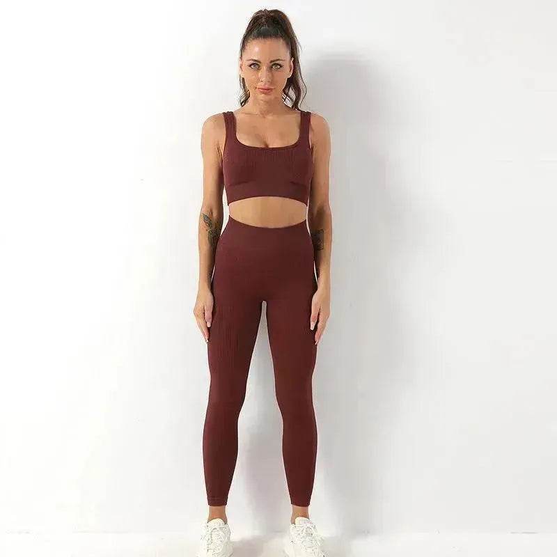 2pcs Thread Yoga Suit Seamless Bra And Butt Lifting High Waist Leggings Set For Women Sports Fitness Yoga Pants Sportswear Outfits Clothing - Velora