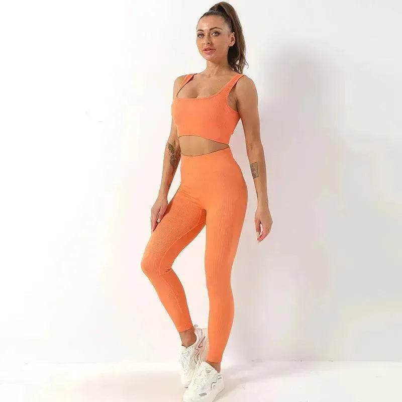 2pcs Thread Yoga Suit Seamless Bra And Butt Lifting High Waist Leggings Set For Women Sports Fitness Yoga Pants Sportswear Outfits Clothing - Velora