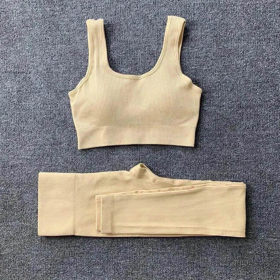 2pcs Thread Yoga Suit Seamless Bra And Butt Lifting High Waist Leggings Set For Women Sports Fitness Yoga Pants Sportswear Outfits Clothing - Velora