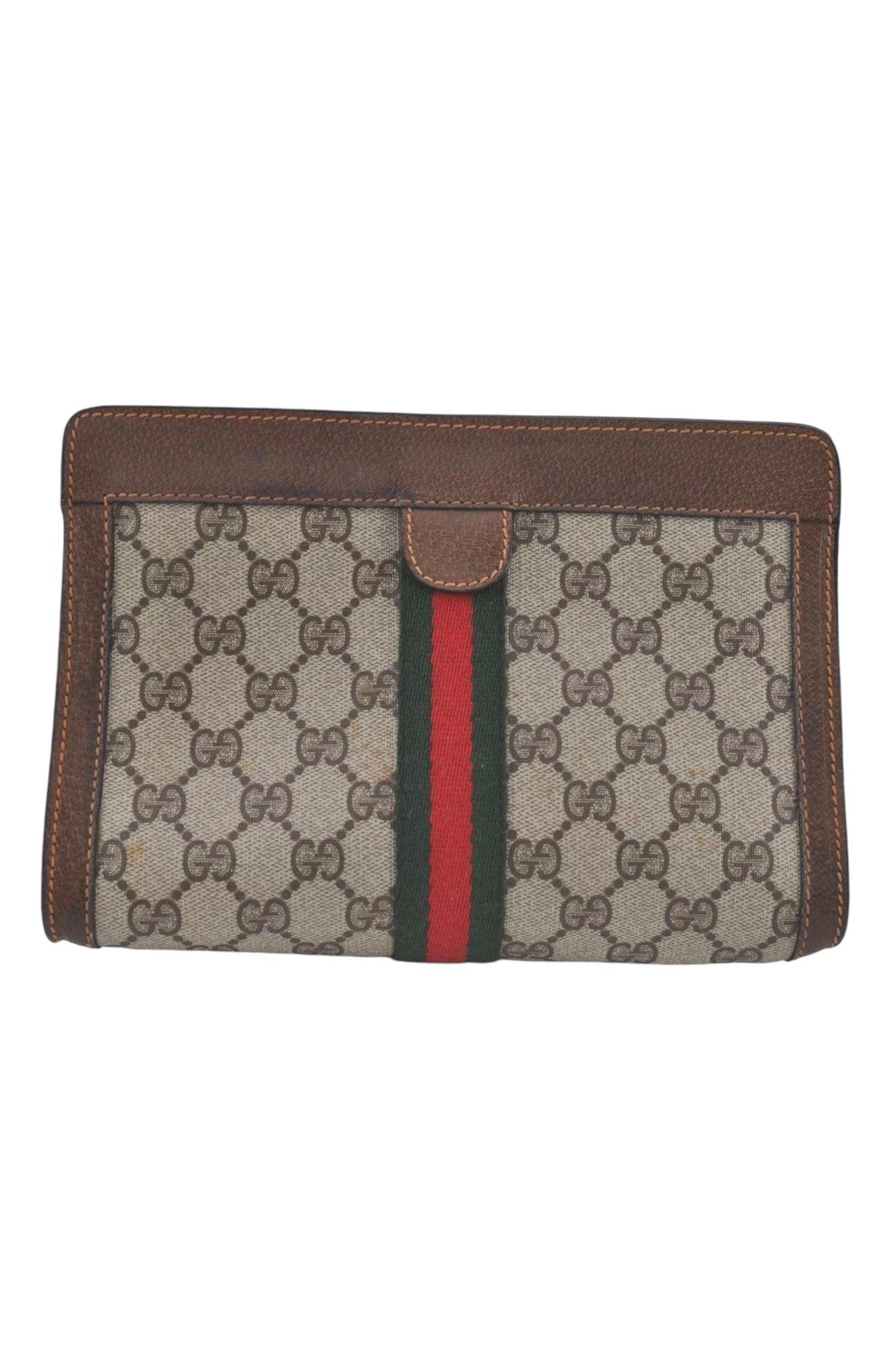 GUCCI Web Sherry Line Clutch Hand Bag Purse GG PVC Leather Brown 8044K - Velora