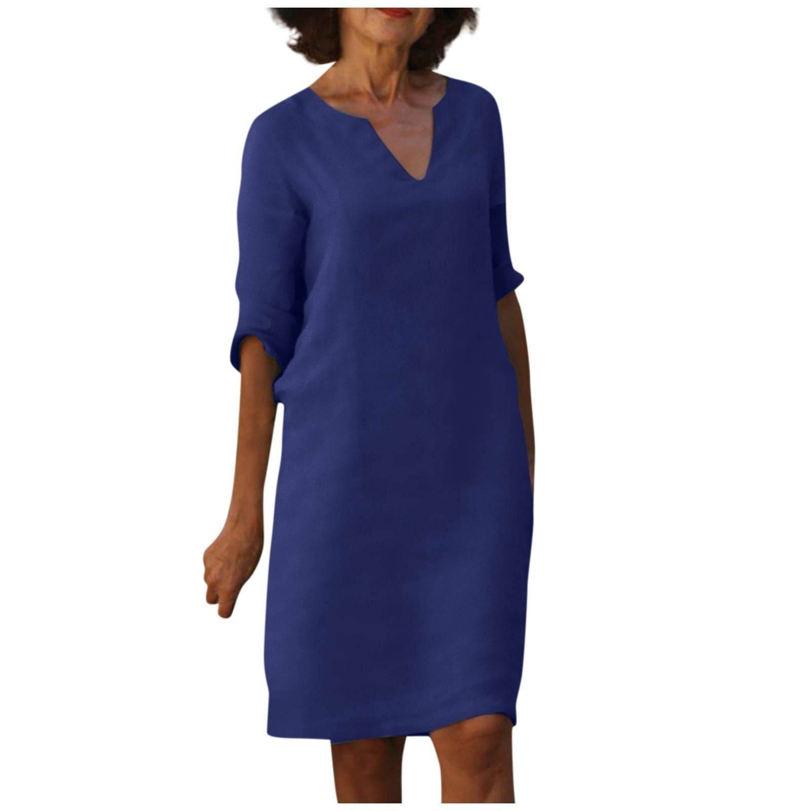 Cotton And Linen V-neck Dress Summer Stitching Retro High Waist Pure Color Dresses - Velora