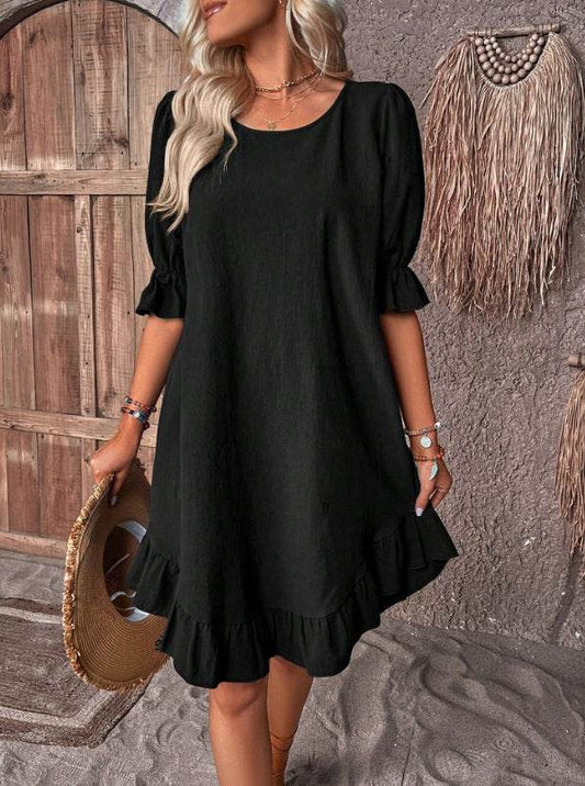Fashion Ruffle Short-sleeved Dress Summer Solid Color Round Neck Loose Straight Dresses Womens Clothing - Velora