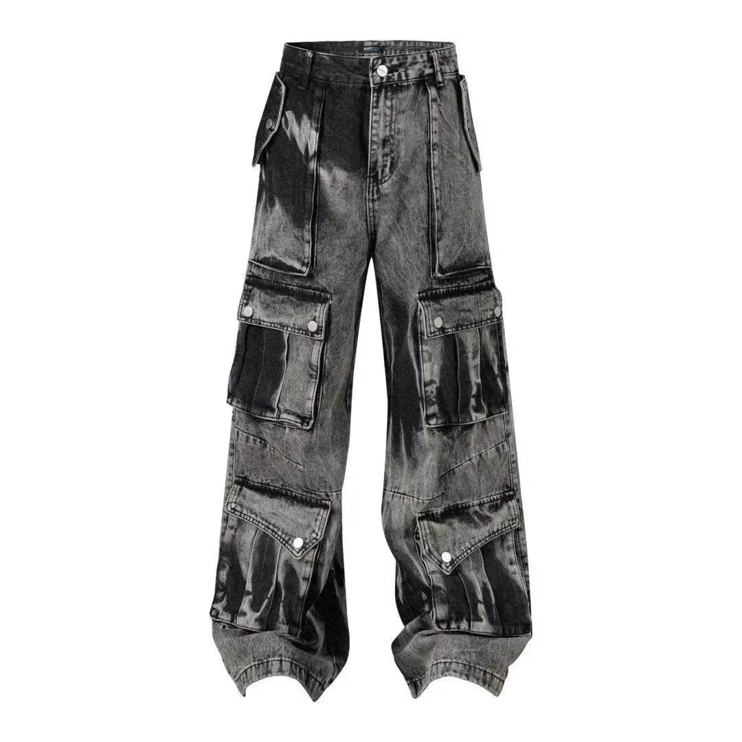 Street Retro Washed Distressed Tie-dye Multi-pocket Denim Trouser Unisex Baggy Cargo Denim Jeans Pants - Velora