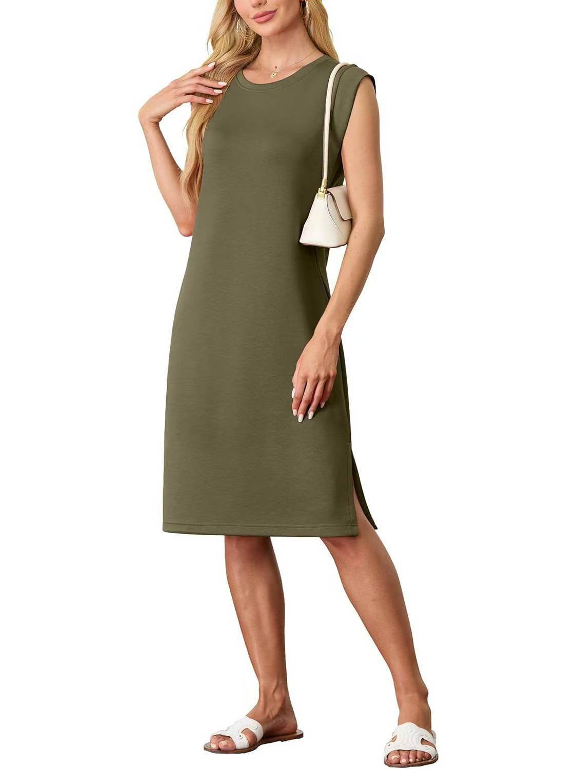 Women's Fashion Round Neck Sleeveless Split Pocket Dress - Velora