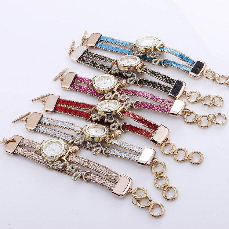Fashion Women Rhinestone Leather Bracelet watch - Velora