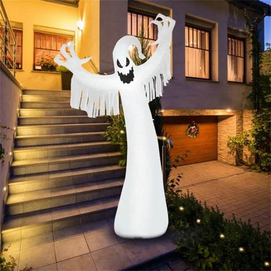 Spooky Halloween Inflatable Ghost - 12 Ft Tall With LED Lights, Waterproof Fabric, Spikes Ropes For Stability, White - Velora