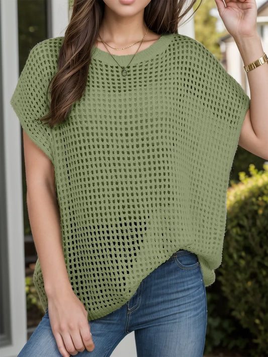 Openwork Round Neck Short Sleeve Cover-Up - Velora