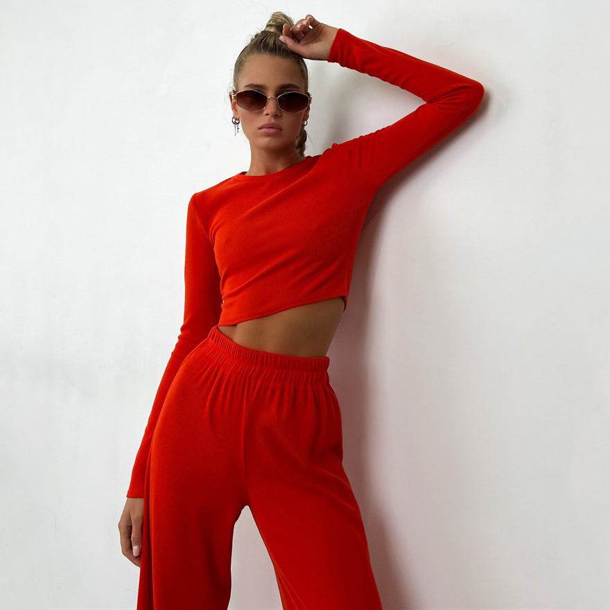 Women's Long Sleeve Fashion Sunken Stripe Trousers Two-piece Set - Velora