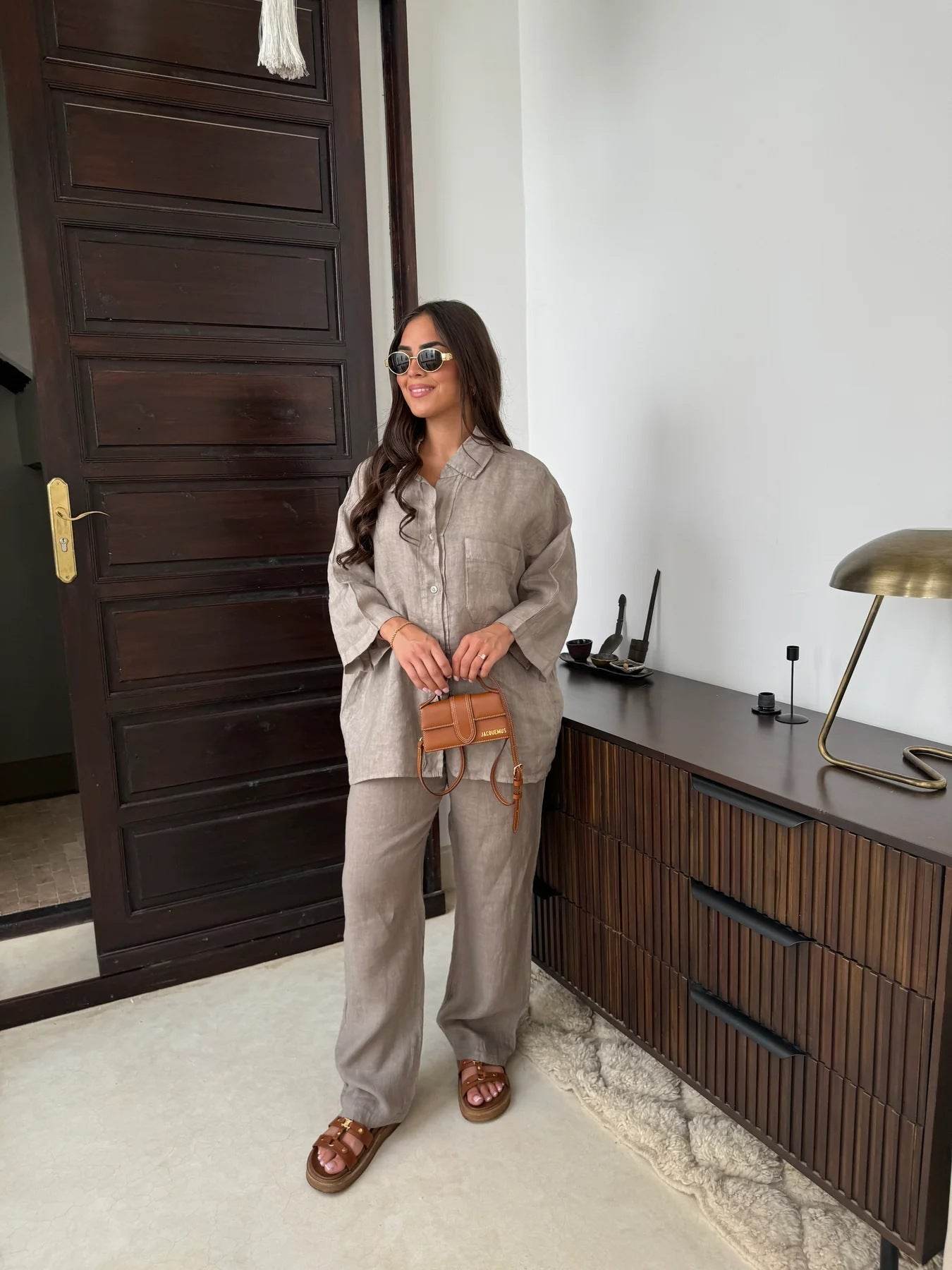 Casual Polyester Pocket Shirt Pants Suitable For Women's Wide Leg Pants, Long Sleeved Shirt Set, Women's Loose High Street Two-piece Set - Velora