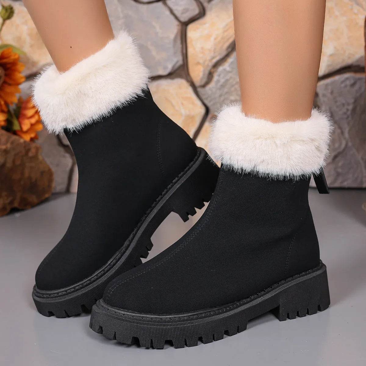 Square-heeled Snow Boots Winter Plus Velvet Platform Plush Shoes Fashion Warm Non-slip Mid-calf Boot For Women - Velora